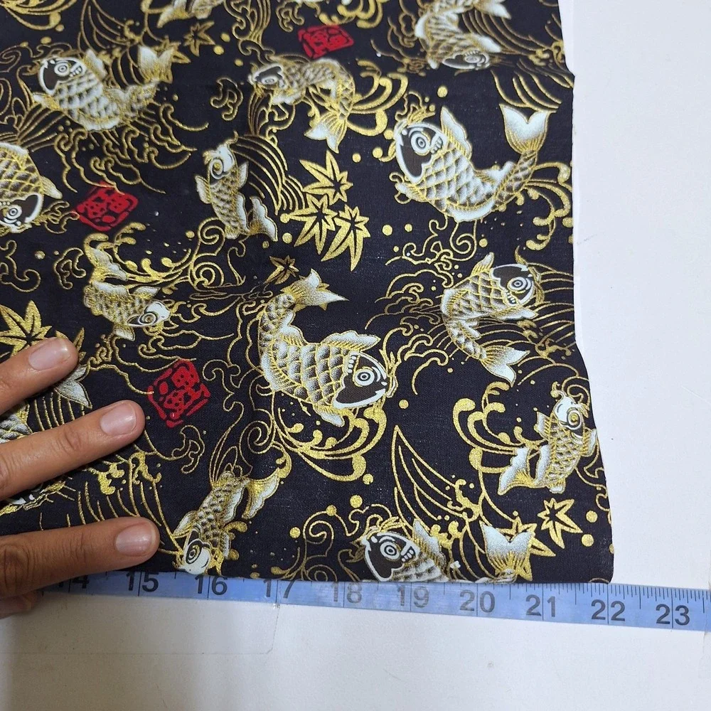Black Gold Koi Fish Adhesive Fabric Lot 2 Fusible Iron-On Craft Pieces 29x14.5